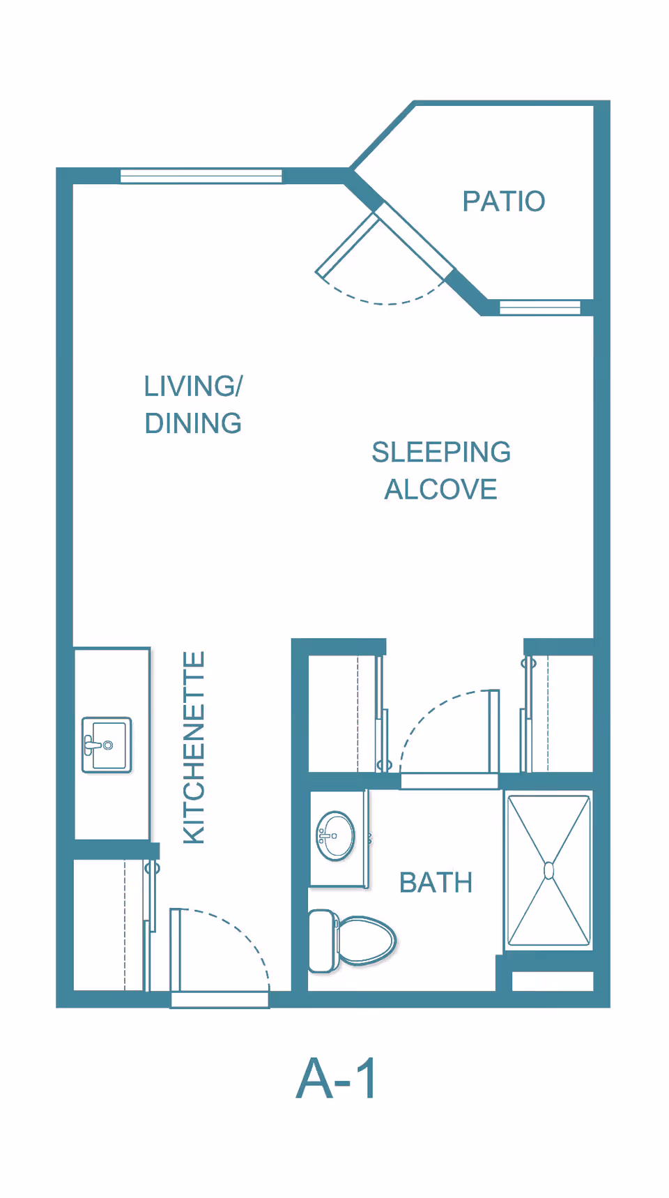 Floor plan labeled A-1 showing a studio layout with a kitchenette, living/dining area, sleeping alcove, bath with toilet and shower, and a patio.