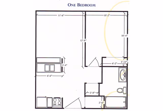 Architectural floor plan of a one-bedroom apartment showing dimensions and layout including kitchen, bathroom, living area, and bedroom.