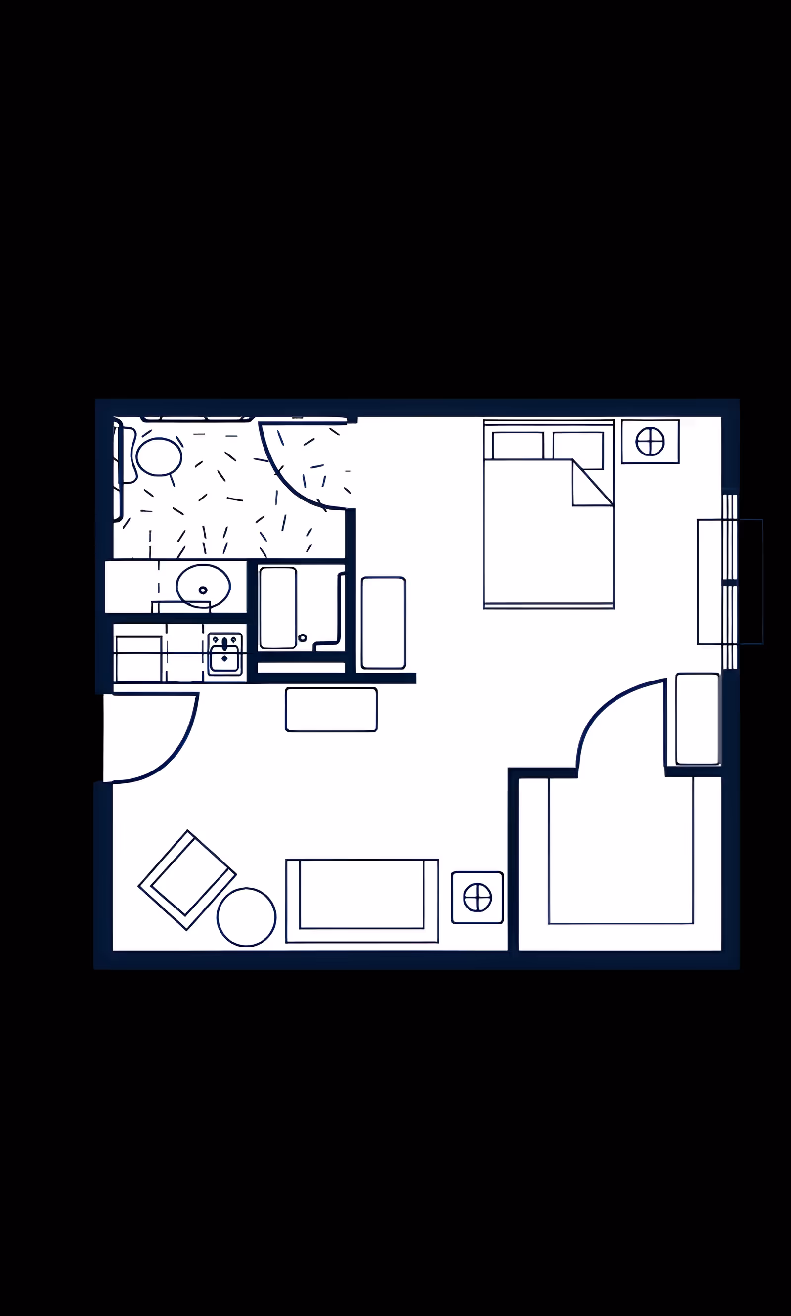Black-and-white floor plan of a studio apartment showing a bedroom area, living space, kitchenette, and bathroom.