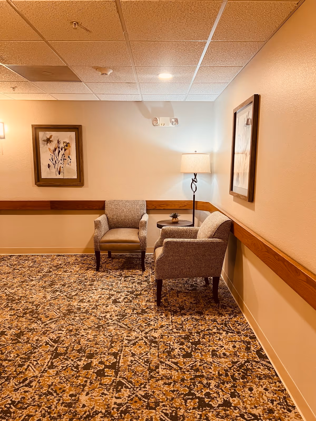 Two upholstered armchairs flanking a small round table with a lamp in a carpeted hallway seating area with framed artwork on the walls.
