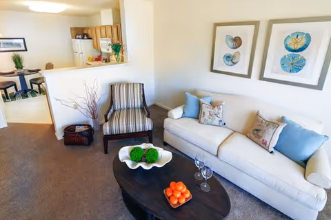 Bright living room with a white sofa, striped armchair, dark wood coffee table with decorative bowls, and an open view into the kitchen and dining area.