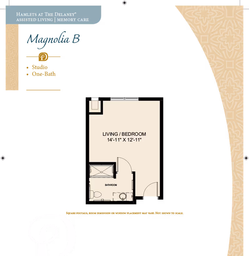 Floor plan of Magnolia B studio apartment at Hamlets at The Delaney assisted living and memory care, showing a combined living and bedroom area measuring 14 feet 11 inches by 12 feet 11 inches, and a bathroom with a shower, toilet, and sink.