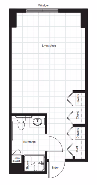 Floor plan of a senior living unit at Belmont Village Senior Living Fort Lauderdale showing an entry area leading into a living area with a window at the far end. To the left of the entry is a bathroom with a toilet, sink, shower, and a linen closet. On the right side of the entry and living area are closets and drawers.