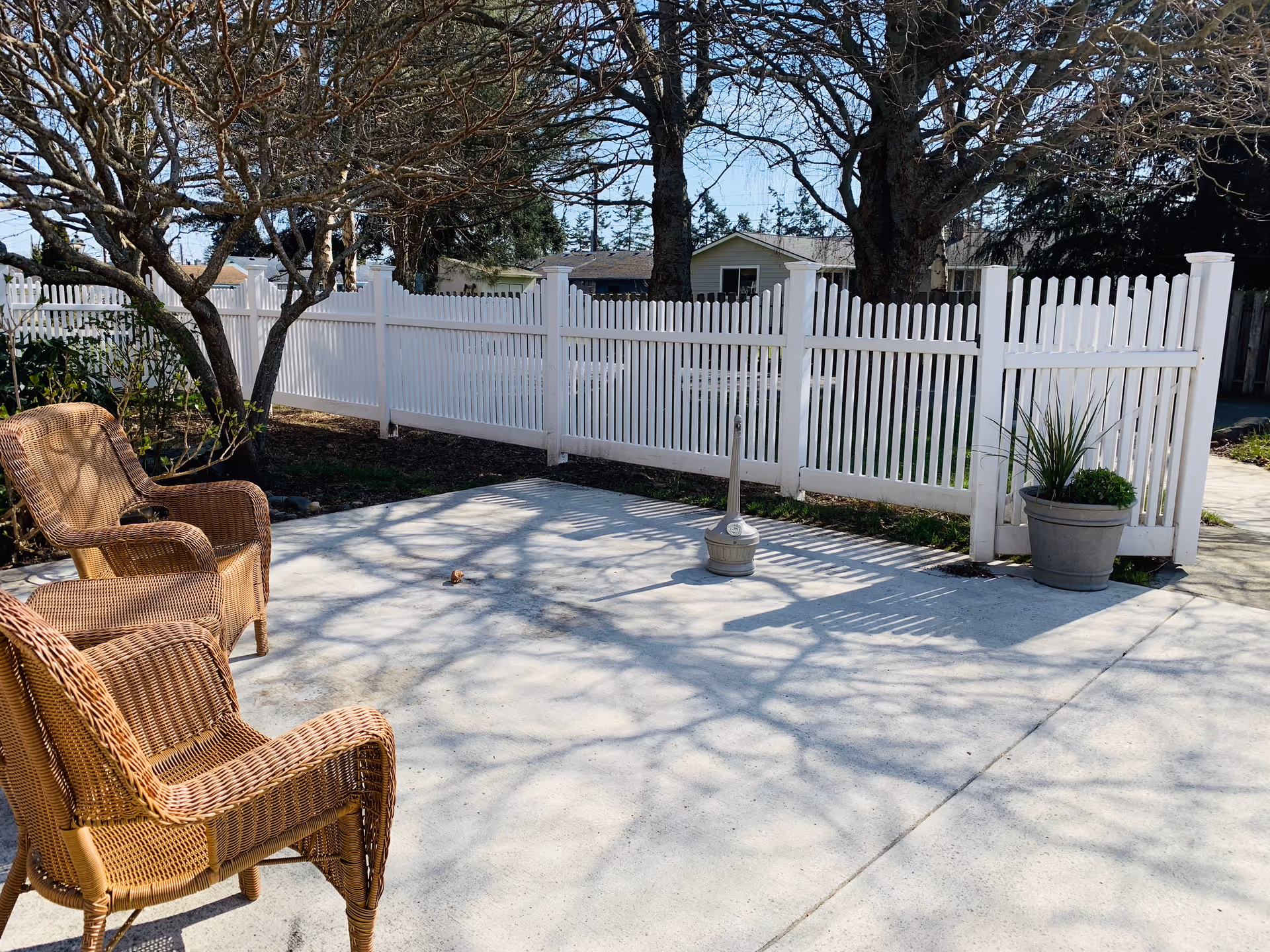 Concrete patio with wicker chairs, a white picket fence, trees and a potted plant.