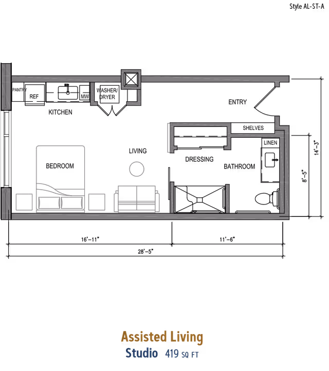 Black-background floor plan of an assisted living studio showing a bed, sofa, room layout and the label 'Assisted Living Studio 419 SQ FT'.