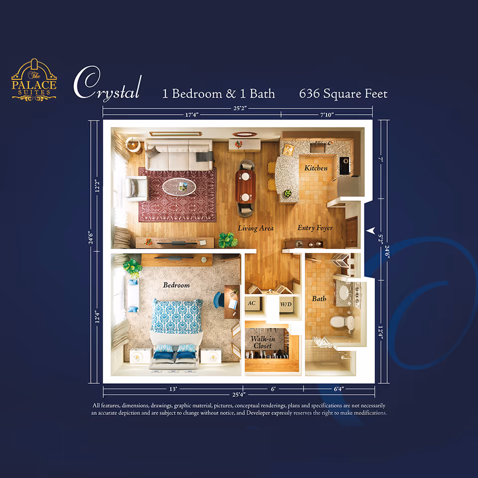 Floor plan of a one-bedroom, one-bath apartment named Crystal at The Palace Suites, showing a living area with sofa and dining table, a kitchen, an entry foyer, a bedroom with a bed and desk, a walk-in closet, a bathroom with a shower and toilet, and labeled dimensions totaling 636 square feet.
