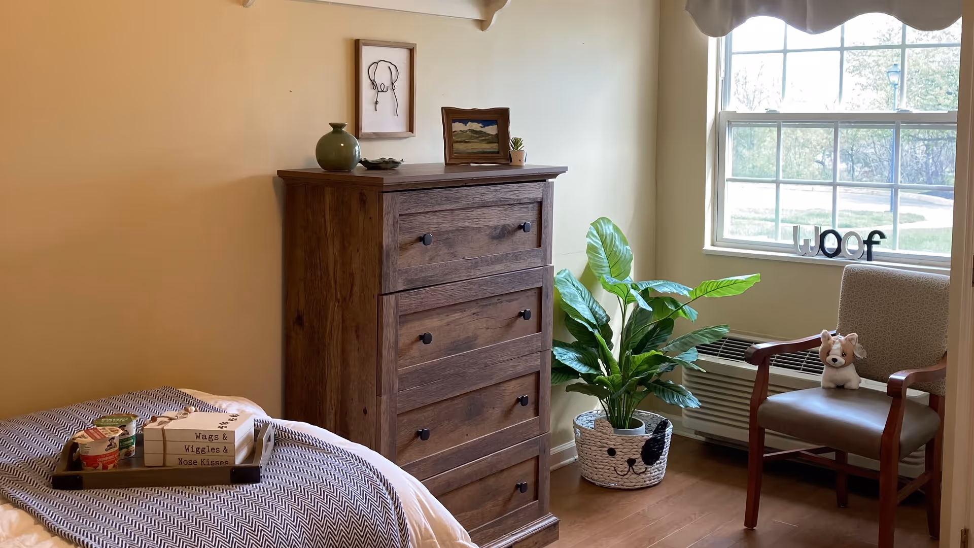 Sunlit bedroom corner with a wooden tall dresser, a potted plant by a window, a chair with a stuffed dog, and a bed with a tray.