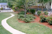 Curved concrete pathway winding through a landscaped outdoor area with green grass, bushes, and a tree, adjacent to a building and fenced area.