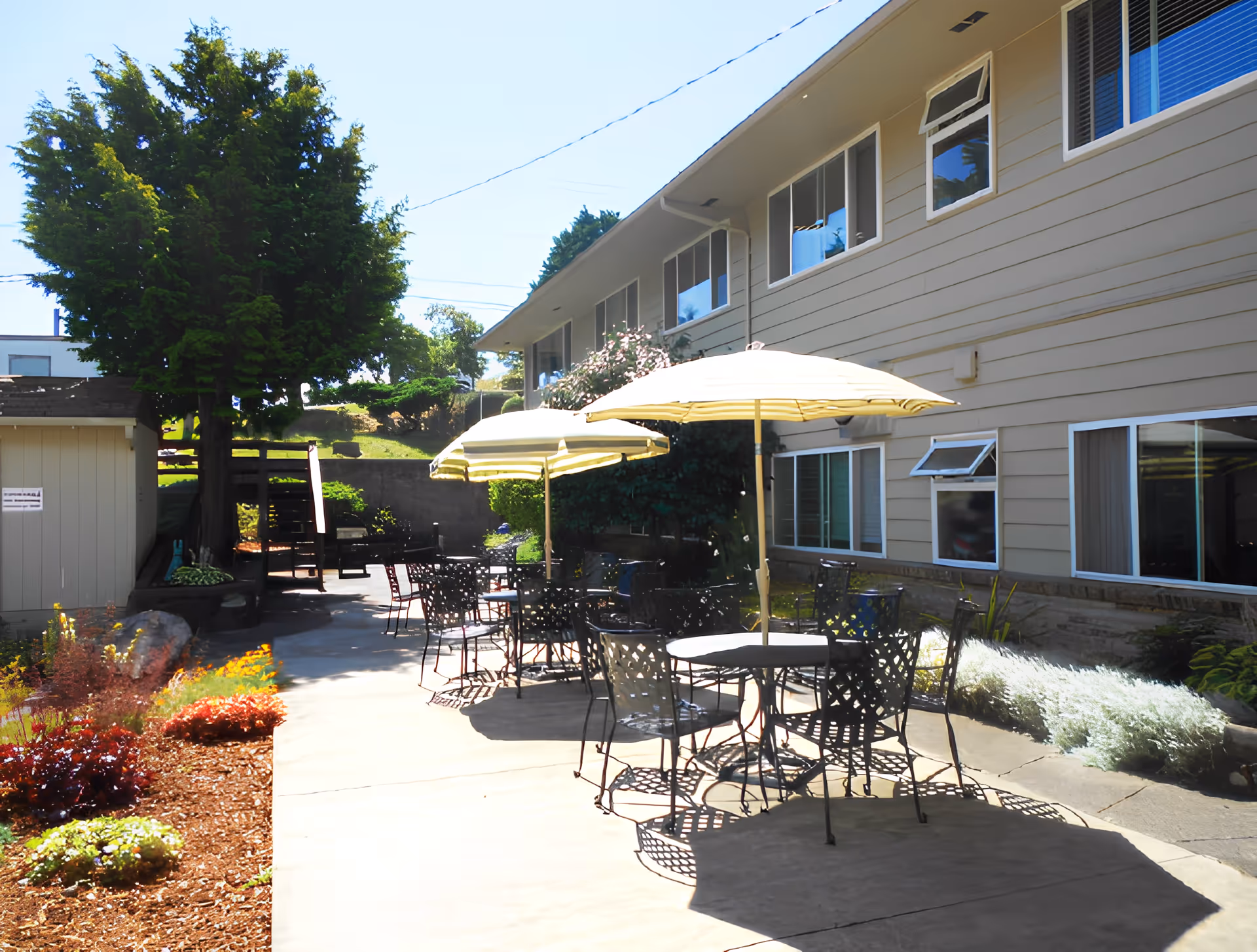 Sunny outdoor courtyard with round metal tables, chairs and yellow umbrellas beside the facility building.