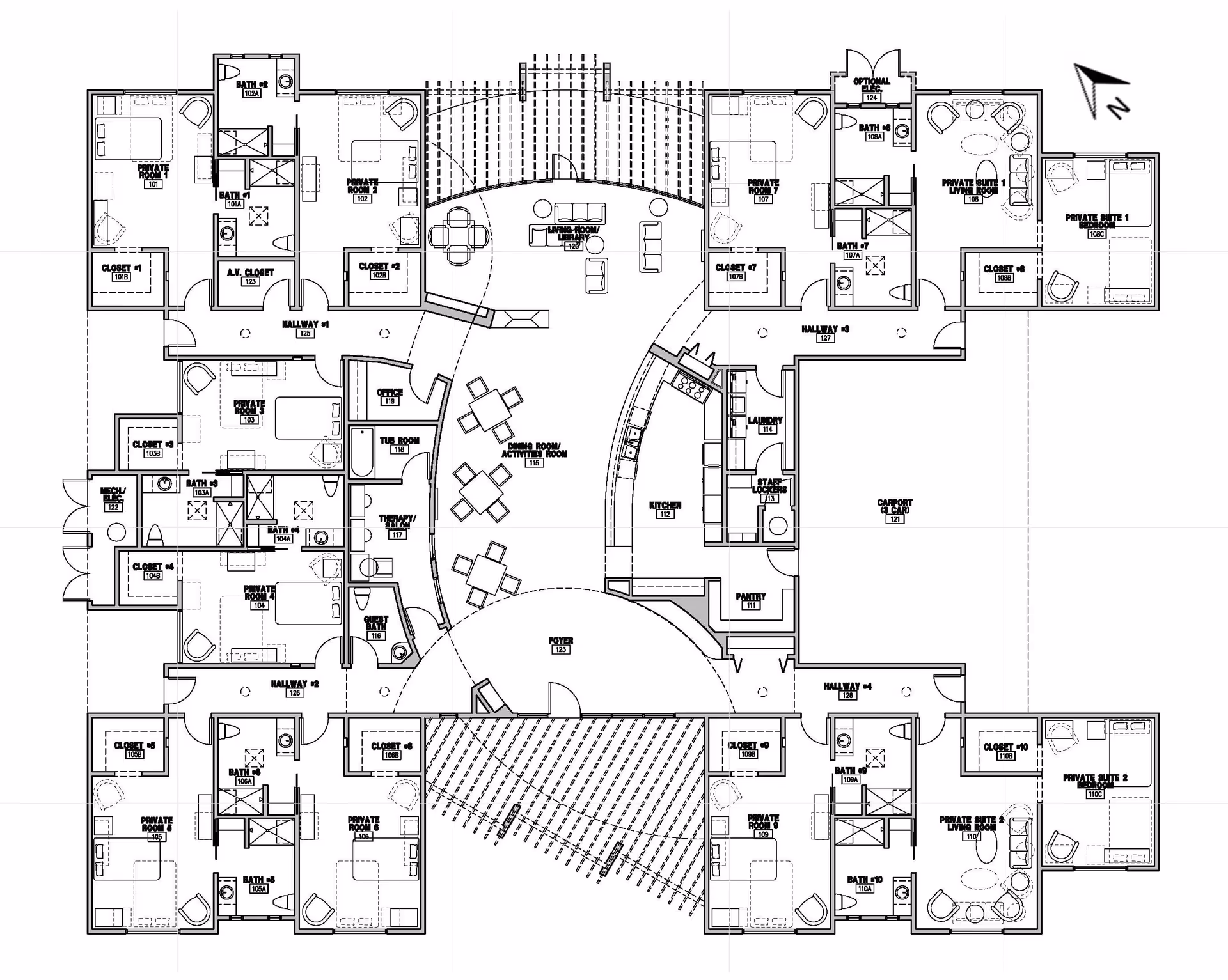 Architectural floor plan of Academy Villas facility showing multiple private rooms, bathrooms, closets, hallways, a living room, dining room/activity room, kitchen, pantry, laundry, office, therapy room, tub room, and a carport.