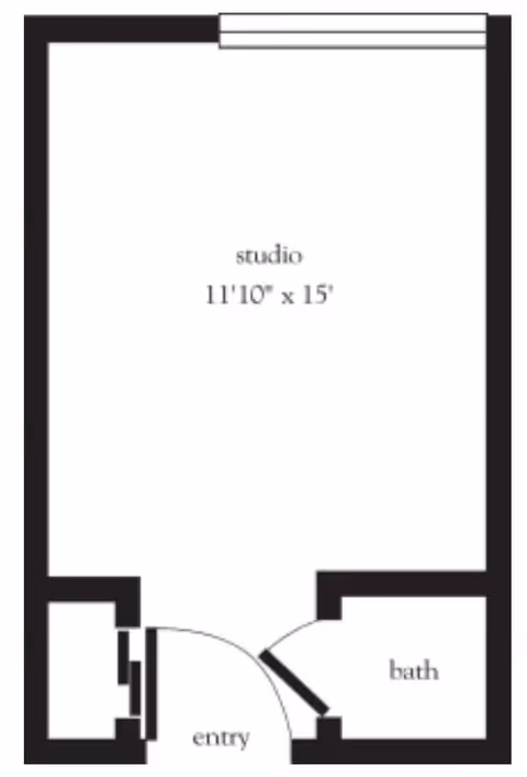 Floor plan of a studio apartment with dimensions 11 feet 10 inches by 15 feet. The layout includes an entry area, a bathroom, and the main studio space.
