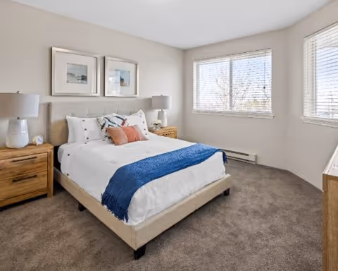 A bright and clean bedroom with a large bed featuring white bedding, a blue throw blanket, and decorative pillows. The room has beige walls, carpeted floor, two wooden nightstands with lamps, and two framed pictures above the bed. There are two large windows with blinds letting in natural light.