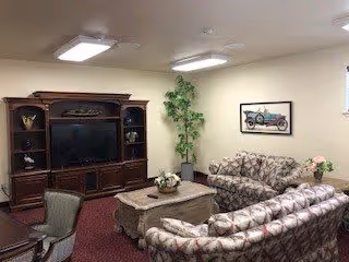 A cozy living room with patterned sofas arranged around a wooden coffee table. A large wooden entertainment center with a flat-screen TV and decorative items is against the wall. There is a tall green plant in the corner and a framed picture of a vintage car on the wall. The room has beige walls and a red carpeted floor.