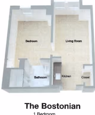 3D floor plan of an apartment named The Bostonian showing labeled areas including Bedroom, Living Room, Bathroom, Kitchen, and Closet.