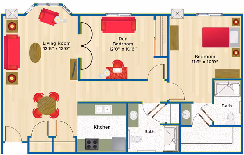 Colored floor plan of an apartment showing a living room, den/bedroom, bedroom, kitchen, and two bathrooms with furniture layout and measurements.