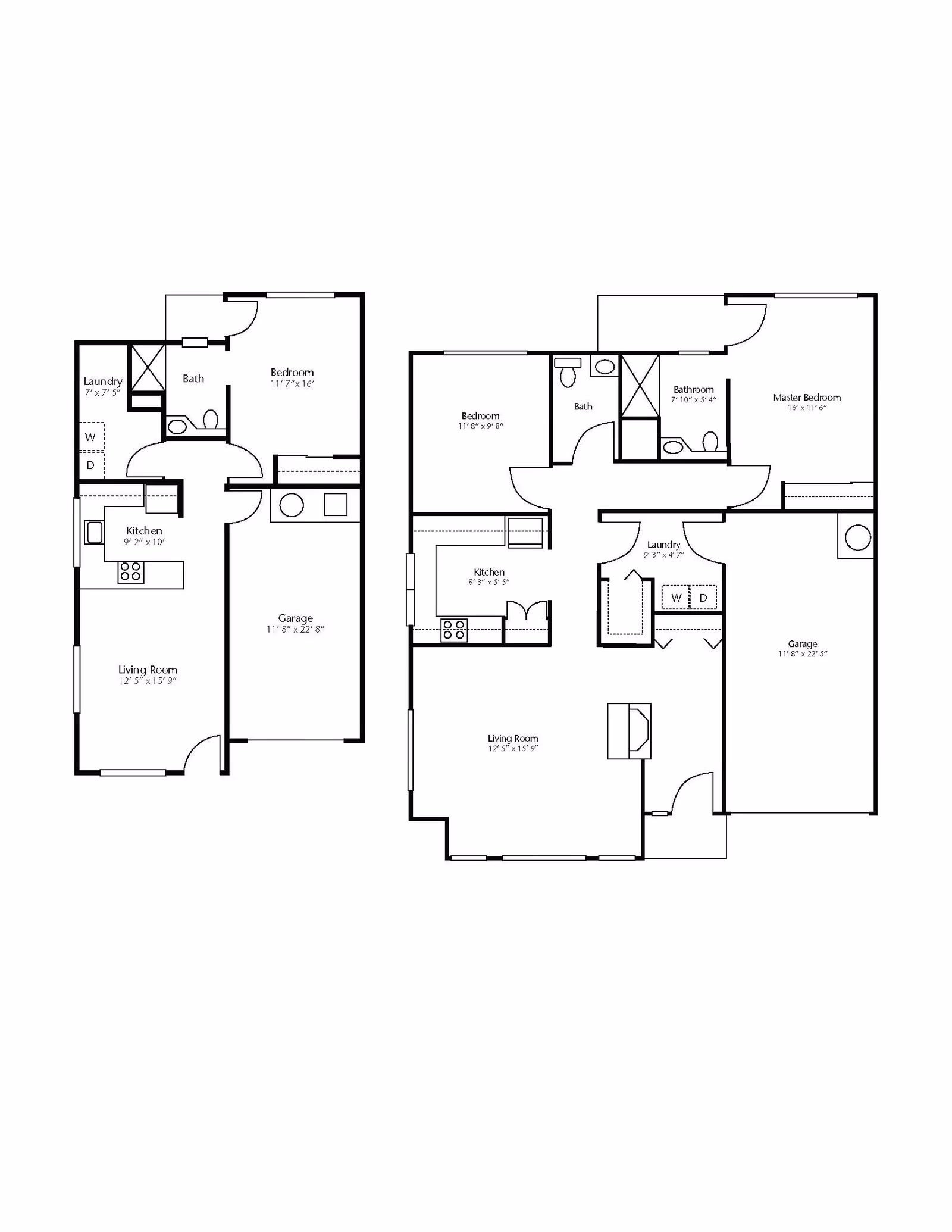 Architectural floor plan showing two separate residential layouts, each including bedrooms, bathrooms, kitchens, living rooms, laundry areas, and garages with dimensions labeled.