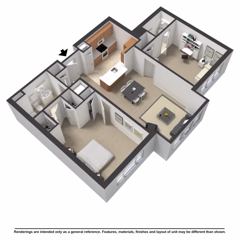 3D floor plan of a senior living apartment unit featuring a bedroom with a bed, a bathroom with a toilet and sink, a kitchen with appliances and cabinets, a dining area with a table and four chairs, a living room with a sofa and coffee table, and an additional room with a desk and chair.