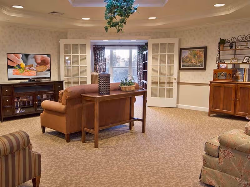 A cozy living room with beige patterned carpet and wallpaper. The room features a brown sofa with a wooden console table behind it, decorated with a plant and a decorative item. There is a TV on a wooden stand showing a close-up of a person preparing food. French doors with glass panes lead to a sunlit area with large windows and floral curtains. The room also includes a striped armchair, a floral upholstered chair, a wooden cabinet with framed photos and decorative items, and a framed painting on the wall.