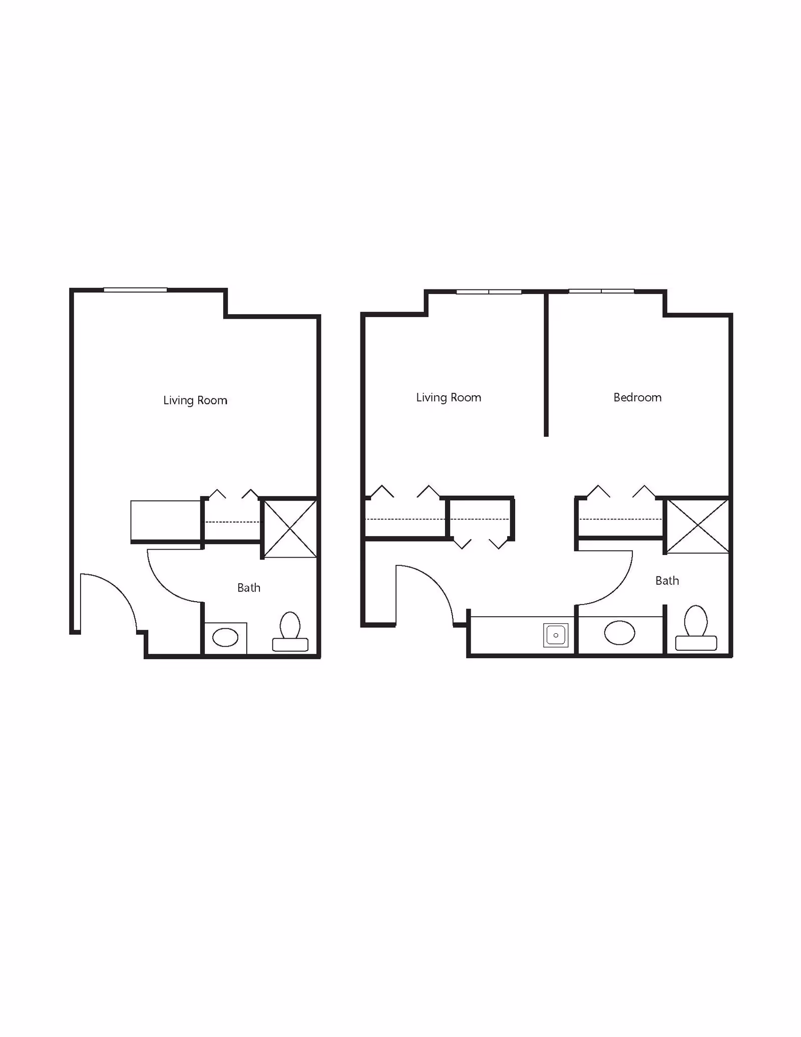 Architectural floor plan showing two apartment layouts. The left layout includes a living room and a bathroom. The right layout includes a living room, a bedroom, and a bathroom.