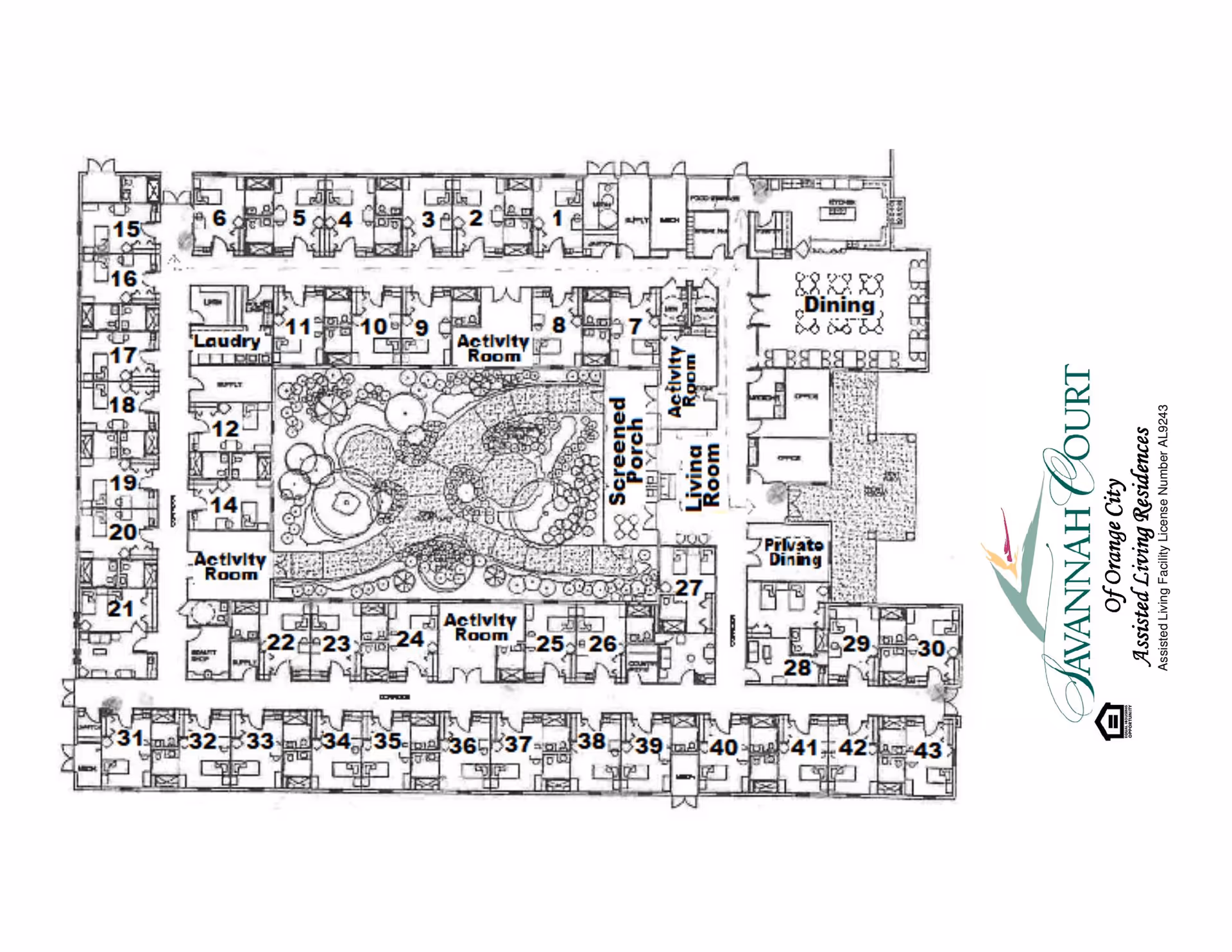 Architectural floor plan of Savannah Court of Orange City assisted living residence showing numbered rooms, multiple activity rooms, laundry, screened porch, living room, dining area, private dining, and a central garden courtyard.