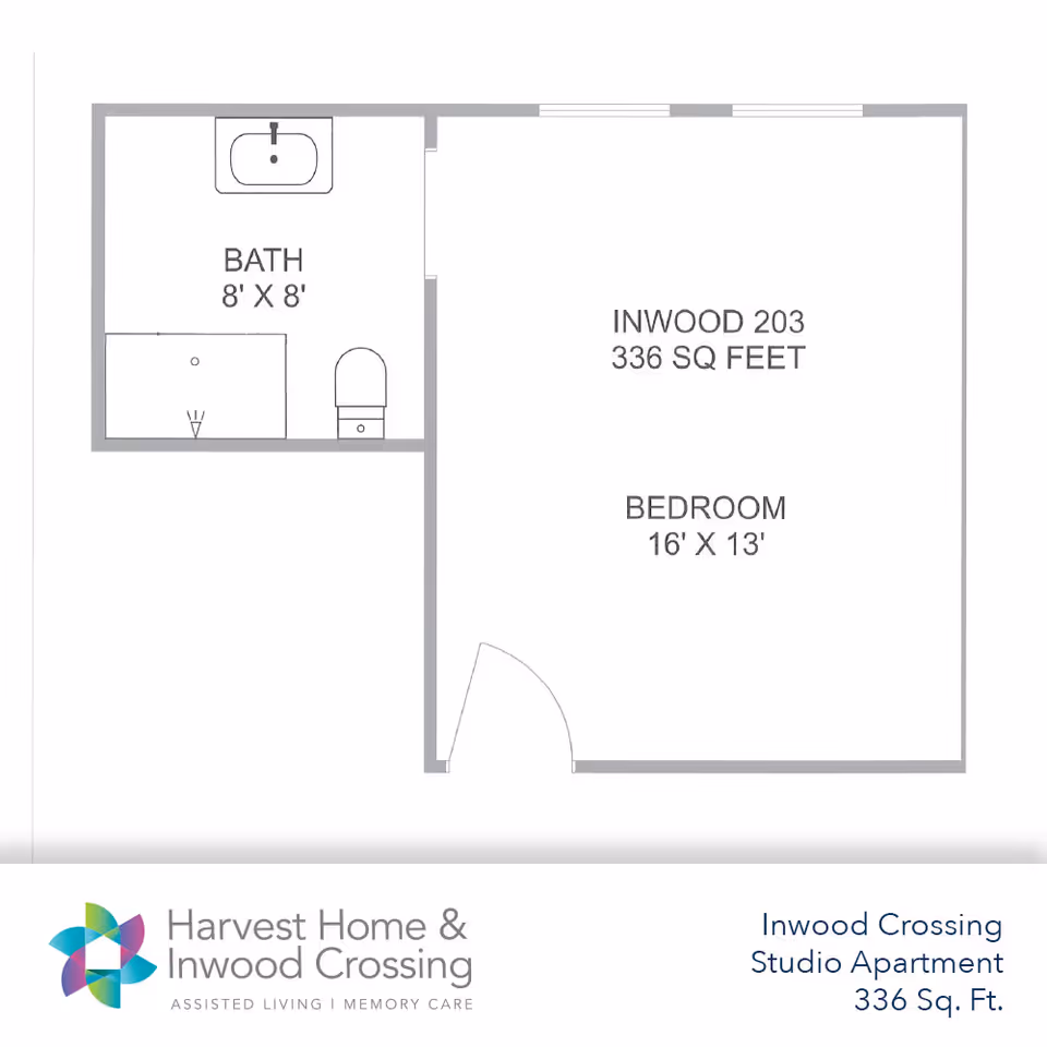 Floor plan of a 336 sq ft studio apartment labeled Inwood 203 showing a 16' x 13' bedroom, an 8' x 8' bath, and branding at the bottom.