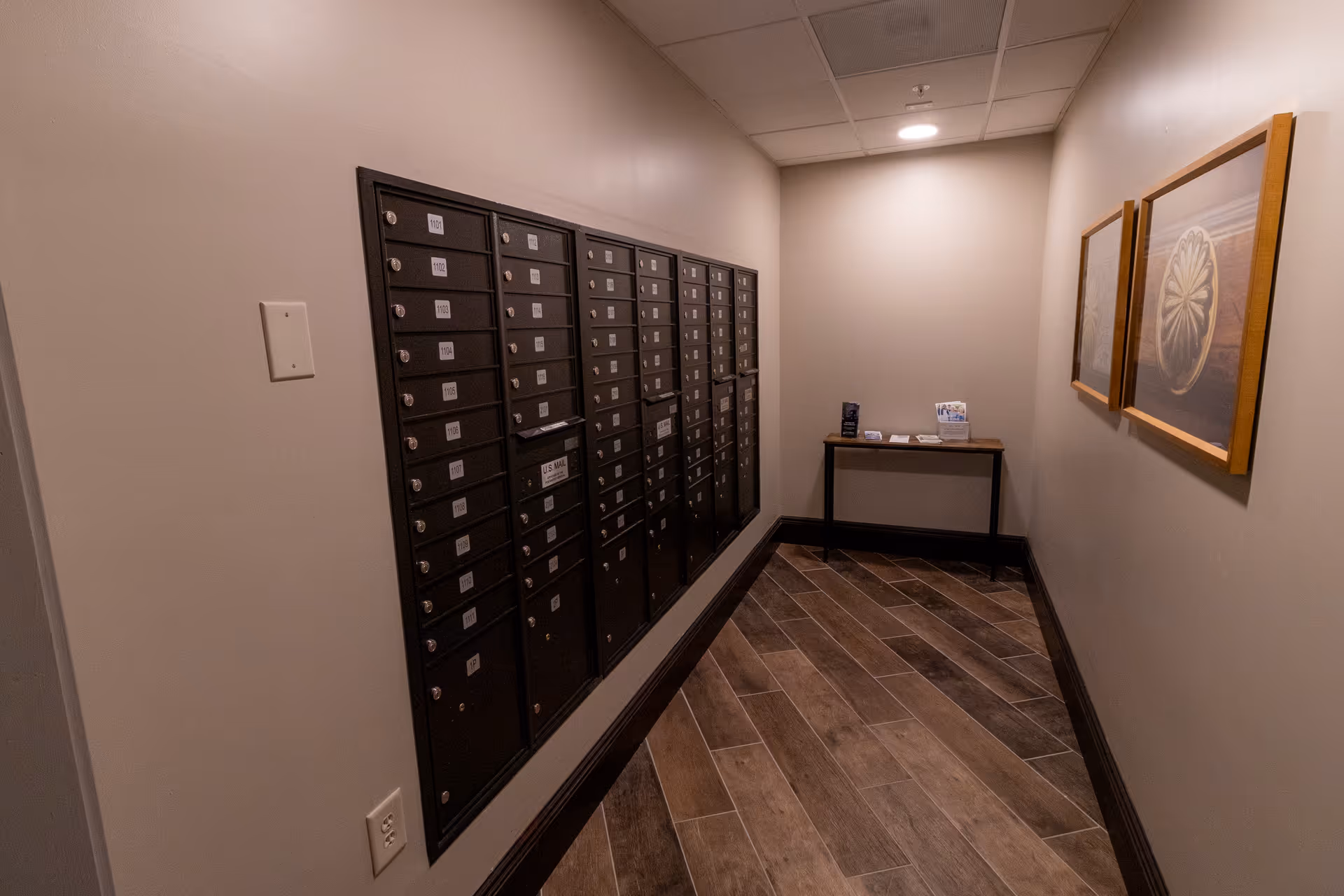 A narrow hallway with a wall-mounted bank of mailboxes on the left side and two framed artworks on the right wall. At the end of the hallway, there is a small table with some pamphlets and items on it. The floor has wood-patterned tiles and the walls are painted light beige.