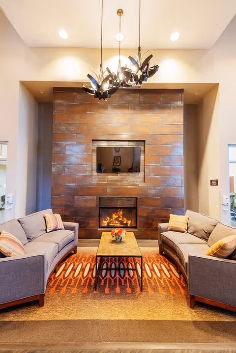 A cozy living room area with two gray sofas facing each other across a rectangular coffee table with a small flower arrangement. Behind the table is a modern fireplace set in a large brown tiled wall, above which is a mounted flat-screen TV. The room is warmly lit by a unique chandelier hanging from the ceiling, and the floor features a colorful patterned rug.