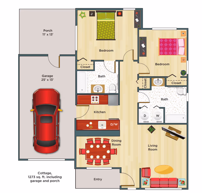 Floor plan of a cottage at Evergreen Senior Living Eugene showing a porch, garage with a red car, two bedrooms each with closets, two bathrooms, a kitchen with dishwasher, dining room with a table and eight chairs, living room with sofa and TV, and an entry area. The total area is 1273 sq. ft. including garage and porch.