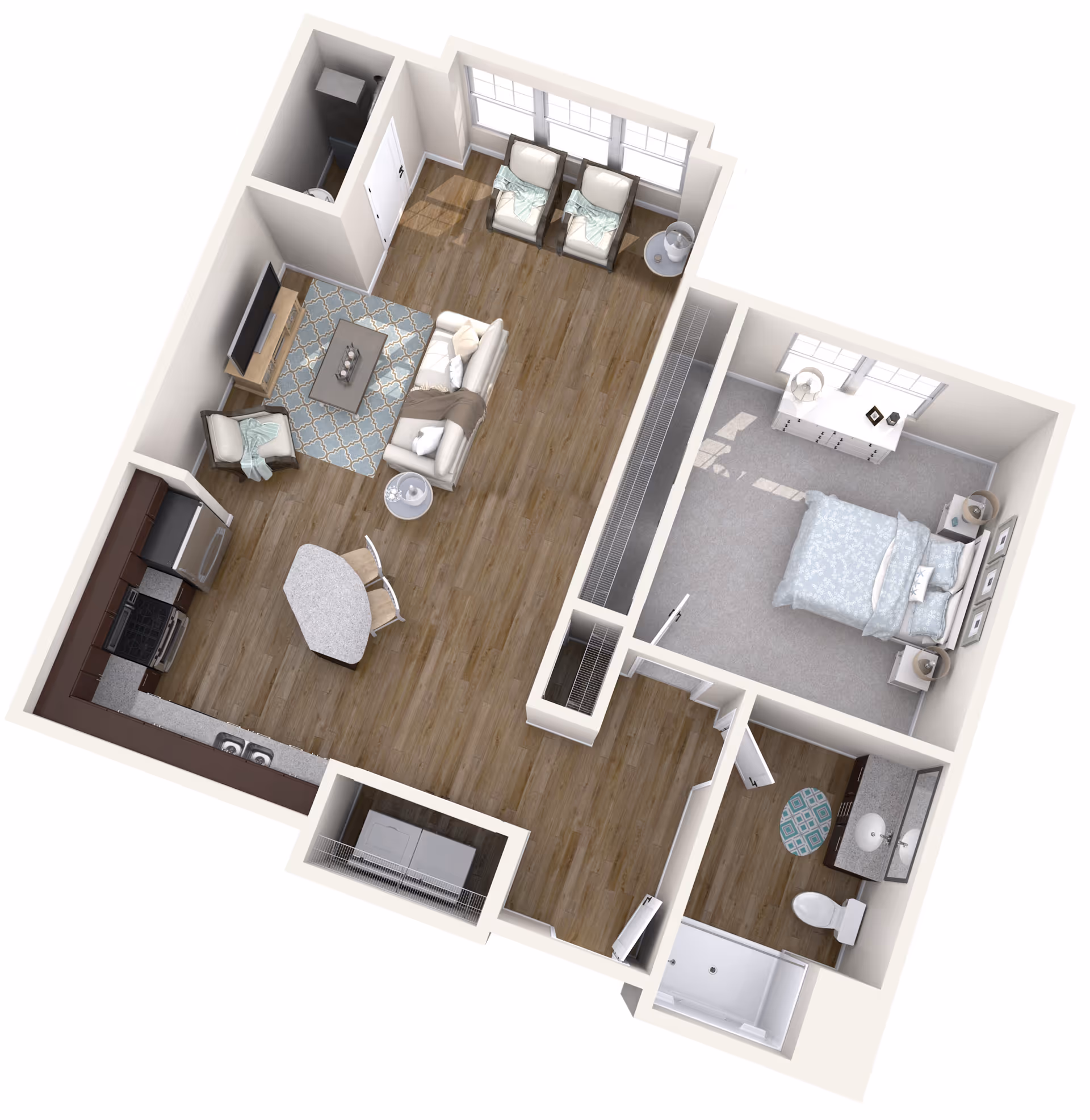 3D floor plan of a one-bedroom apartment featuring a living room with a sofa, two armchairs, a coffee table, and a TV. The kitchen area includes a stove, refrigerator, sink, and a small dining table with two chairs. The bedroom has a bed, two nightstands, and a dresser. The bathroom includes a shower, toilet, and sink. There is also a laundry area with a washer and dryer.