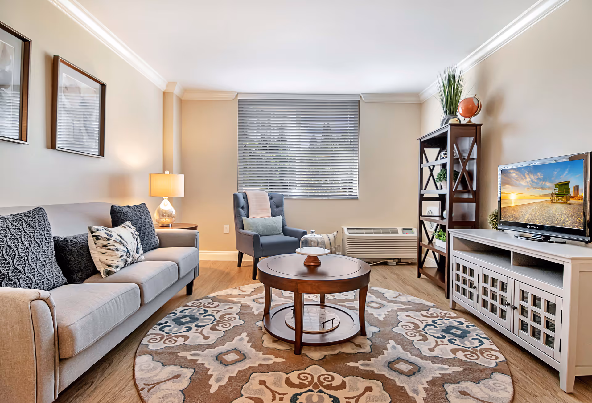 A cozy living room with a beige sofa adorned with patterned cushions, a blue armchair with a throw blanket and pillow, a round wooden coffee table on a decorative rug, a wooden shelving unit with plants and decor, and a TV displaying a beach scene. The room has light-colored walls, a window with blinds, and a table lamp on a side table.