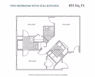 Architectural floor plan of a two-bedroom apartment with a full kitchen, covering 855 square feet. The layout includes two bedrooms, two bathrooms, a kitchen, and living areas with dimensions labeled.