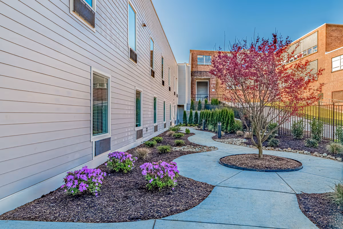 Outdoor garden area at South High Senior Living with a winding concrete pathway, purple flowering plants, a tree with red leaves, and a building with white siding and multiple windows on the left side.