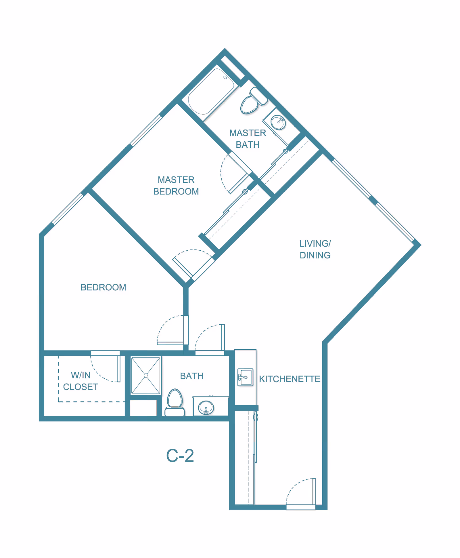 Architectural floor plan of a residential unit labeled C-2, showing a master bedroom with an attached master bath, a second bedroom with a walk-in closet, a separate bath, a kitchenette, and a combined living and dining area.