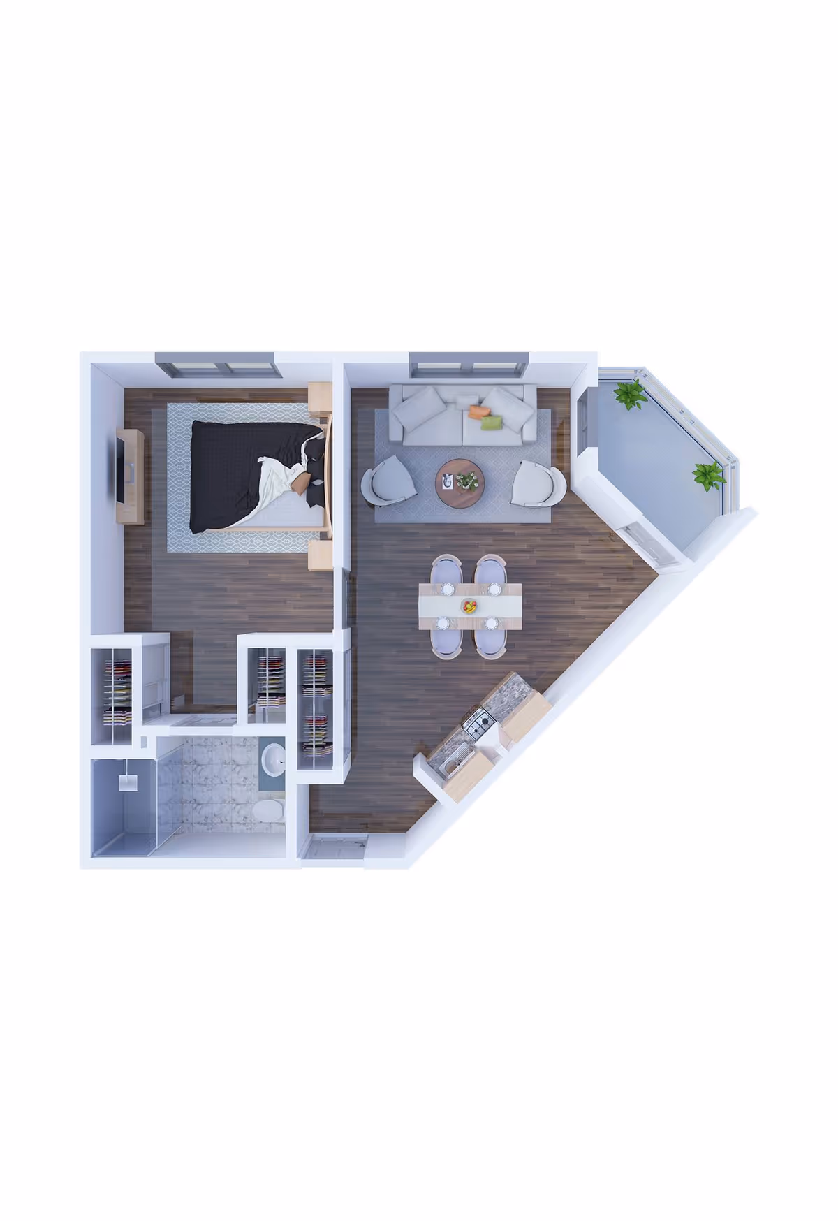 Top-down 3D floor plan of a one-bedroom apartment showing a bedroom, bathroom, kitchen, dining and living area with a small balcony.