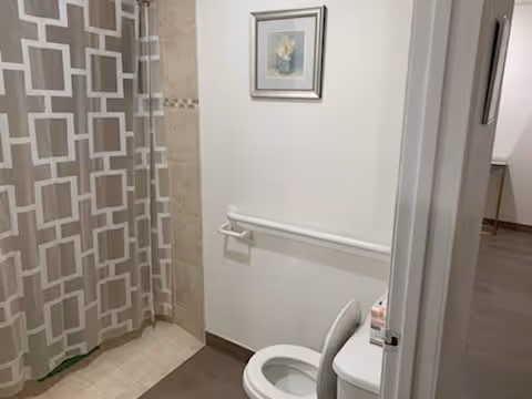 A bathroom with a toilet, a white grab bar on the wall, a toilet paper holder, a shower area with a geometric patterned shower curtain, and a framed floral picture hanging on the wall.