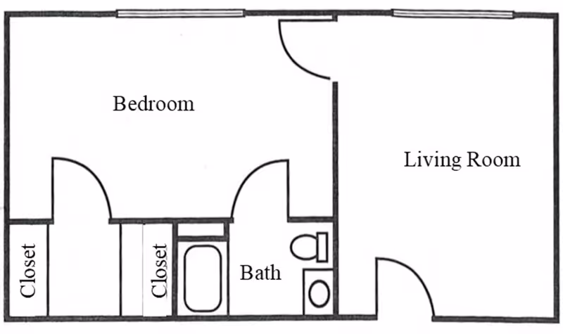 Black and white architectural floor plan of a one-bedroom apartment at Anaheim Villa, showing a bedroom with two closets, a bathroom with a bathtub and toilet, and a living room.