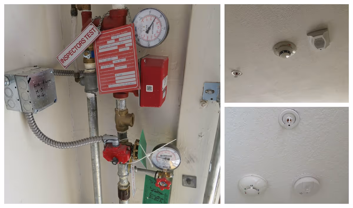Fire protection equipment: sprinkler valves and pressure gauges on the left with ceiling-mounted smoke detectors and alarm devices shown in panels on the right.