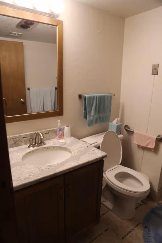 Bathroom with a vanity and sink, wall mirror, toilet with open lid, and towels hanging on racks.