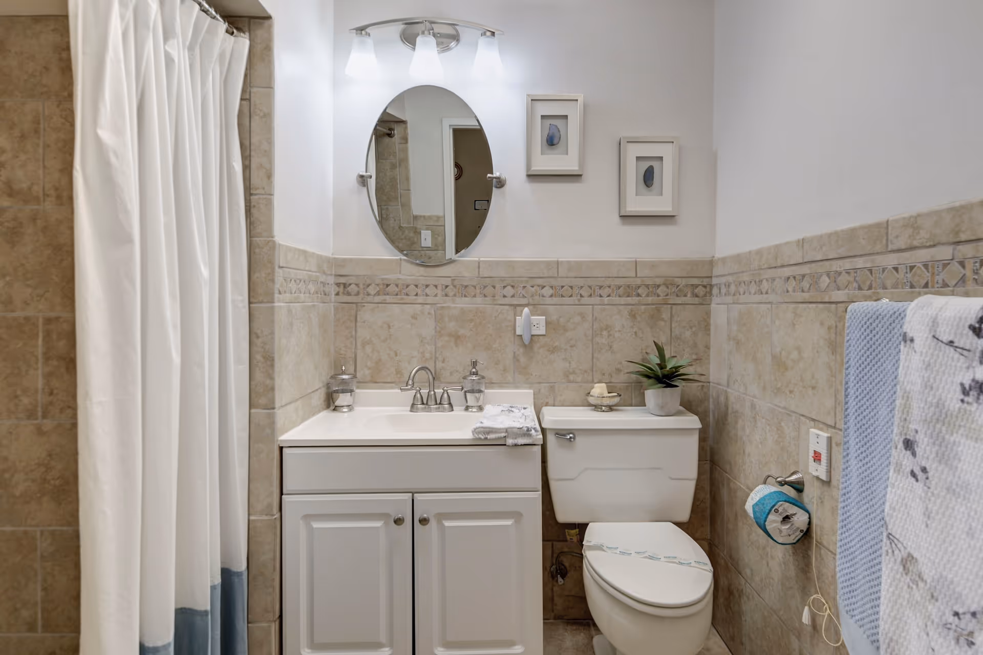 A clean bathroom featuring a white vanity with a sink and faucet, an oval mirror above it, and two framed pictures on the wall. To the right is a toilet with a small potted plant and soap dish on the tank. Beige tiled walls with decorative trim surround the room. On the left side, there is a shower with a white curtain. Towels hang on a rack on the right wall.