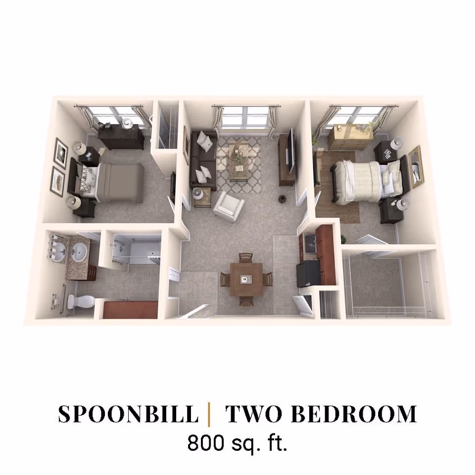 3D floor plan of a two-bedroom apartment named Spoonbill with 800 sq. ft. The layout includes two bedrooms, a bathroom with a shower, a living room with a sofa and armchair, a dining area with a table and four chairs, and a kitchen with appliances. The bedrooms have beds, nightstands, and dressers, and there are windows with curtains in each room.
