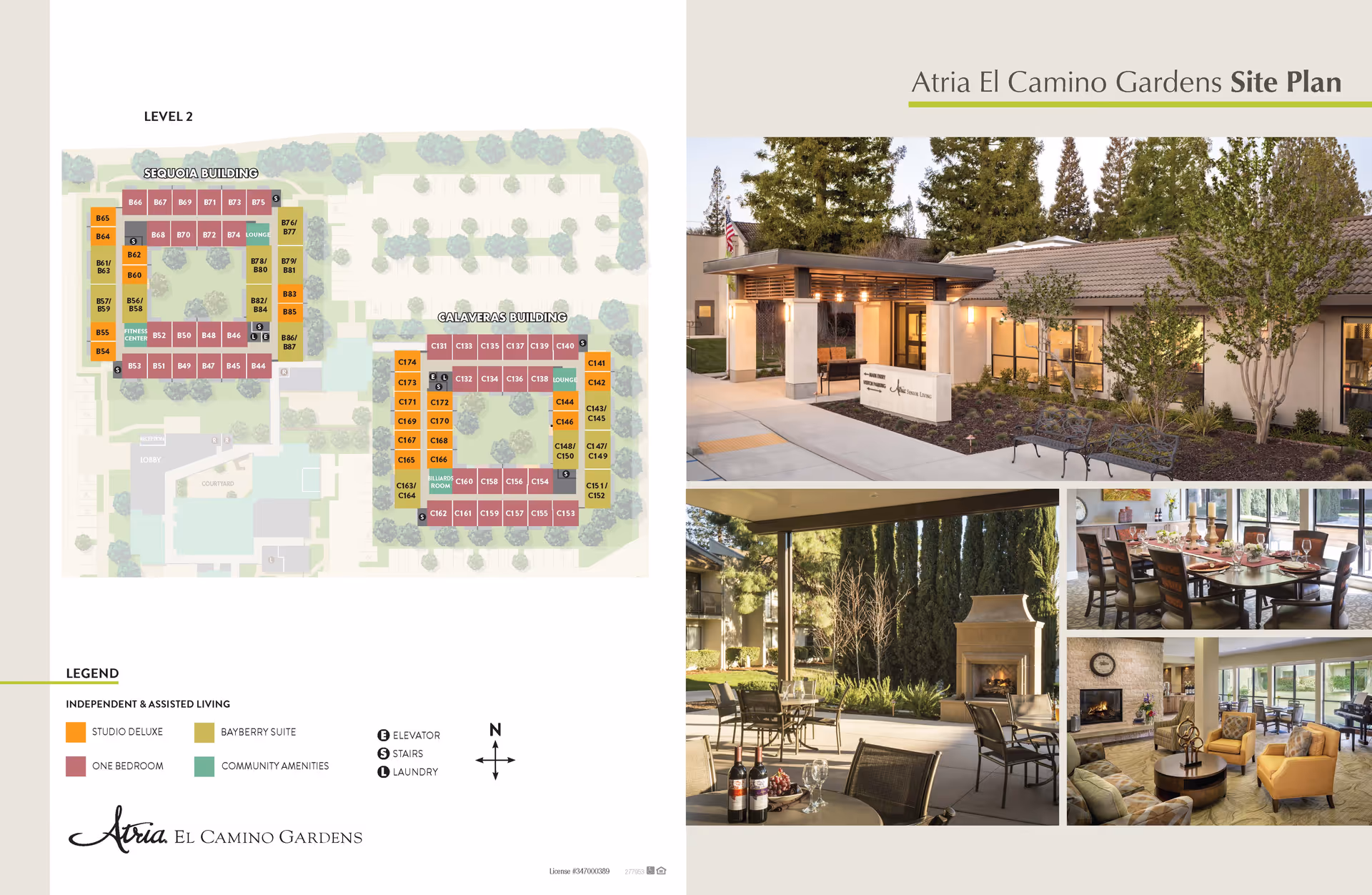 Atria El Camino Gardens site plan showing the layout of Sequoia and Calaveras buildings with color-coded units for independent and assisted living options. The right side features four photos: the exterior entrance of the facility with landscaping and benches, an outdoor patio area with tables, chairs, and a fireplace, a dining room set with a table and chairs, and a cozy living room with sofas, armchairs, and a fireplace.