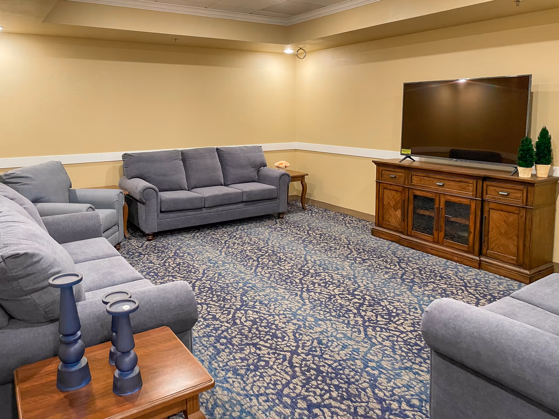 A cozy living room with beige walls and a patterned blue carpet. The room features three gray upholstered sofas arranged around a wooden TV stand with a large flat-screen television on top. There are two small green potted plants on the TV stand and two blue candle holders on a small wooden side table next to one of the sofas.