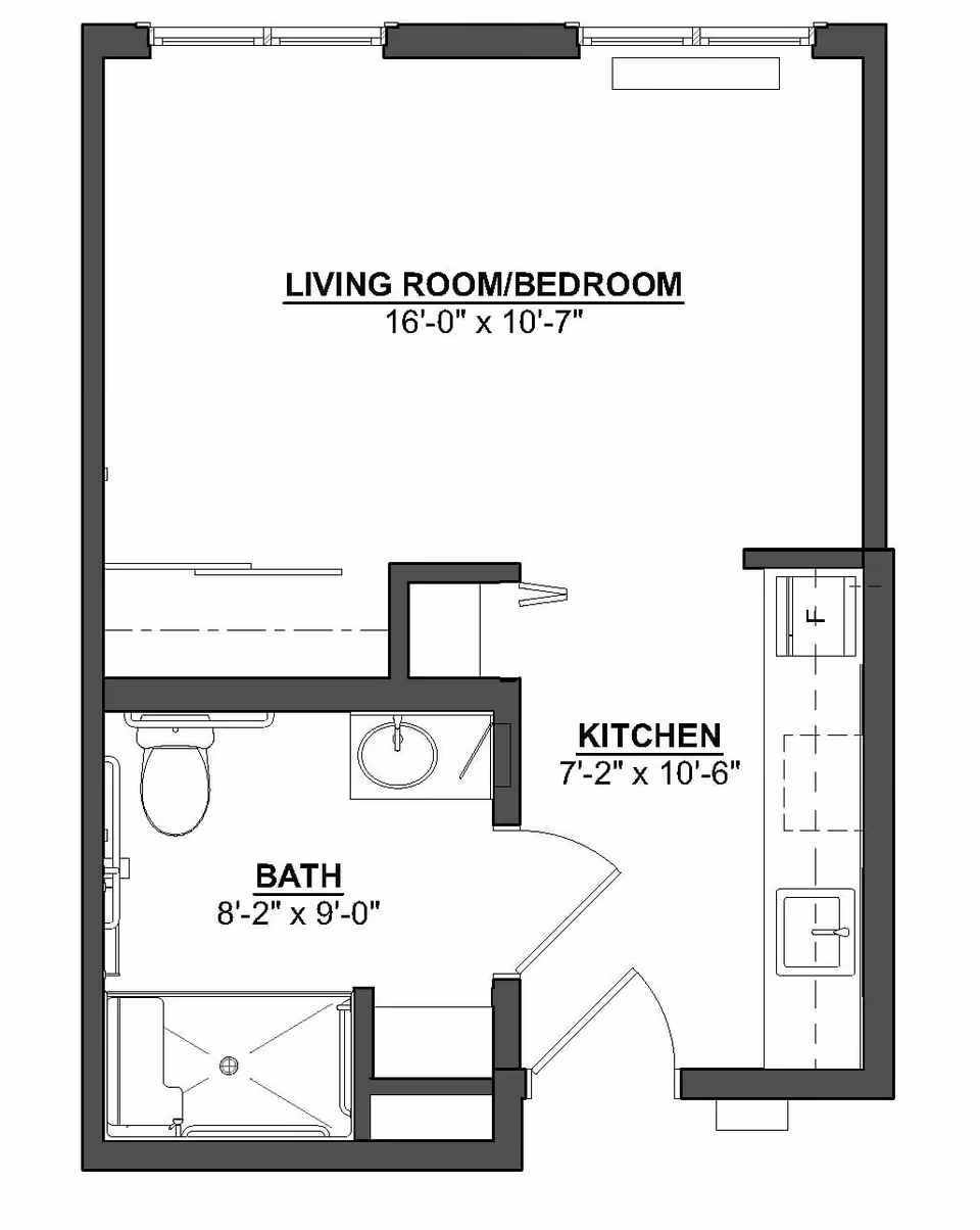 Architectural floor plan of a small living space at Heritage Woods of Newburgh showing a combined living room and bedroom area measuring 16 feet by 10 feet 7 inches, a kitchen area measuring 7 feet 2 inches by 10 feet 6 inches, and a bathroom measuring 8 feet 2 inches by 9 feet with a toilet, sink, and shower.