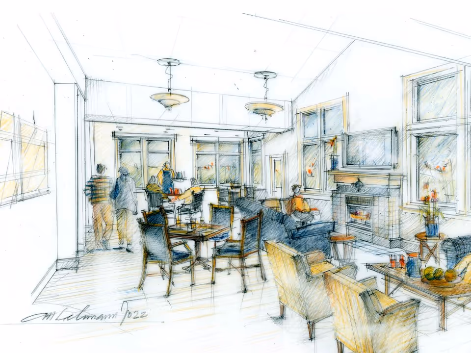 A hand-drawn sketch of a cozy living room area with several chairs and tables, a fireplace, large windows, and people interacting in the background near a counter or bar area.