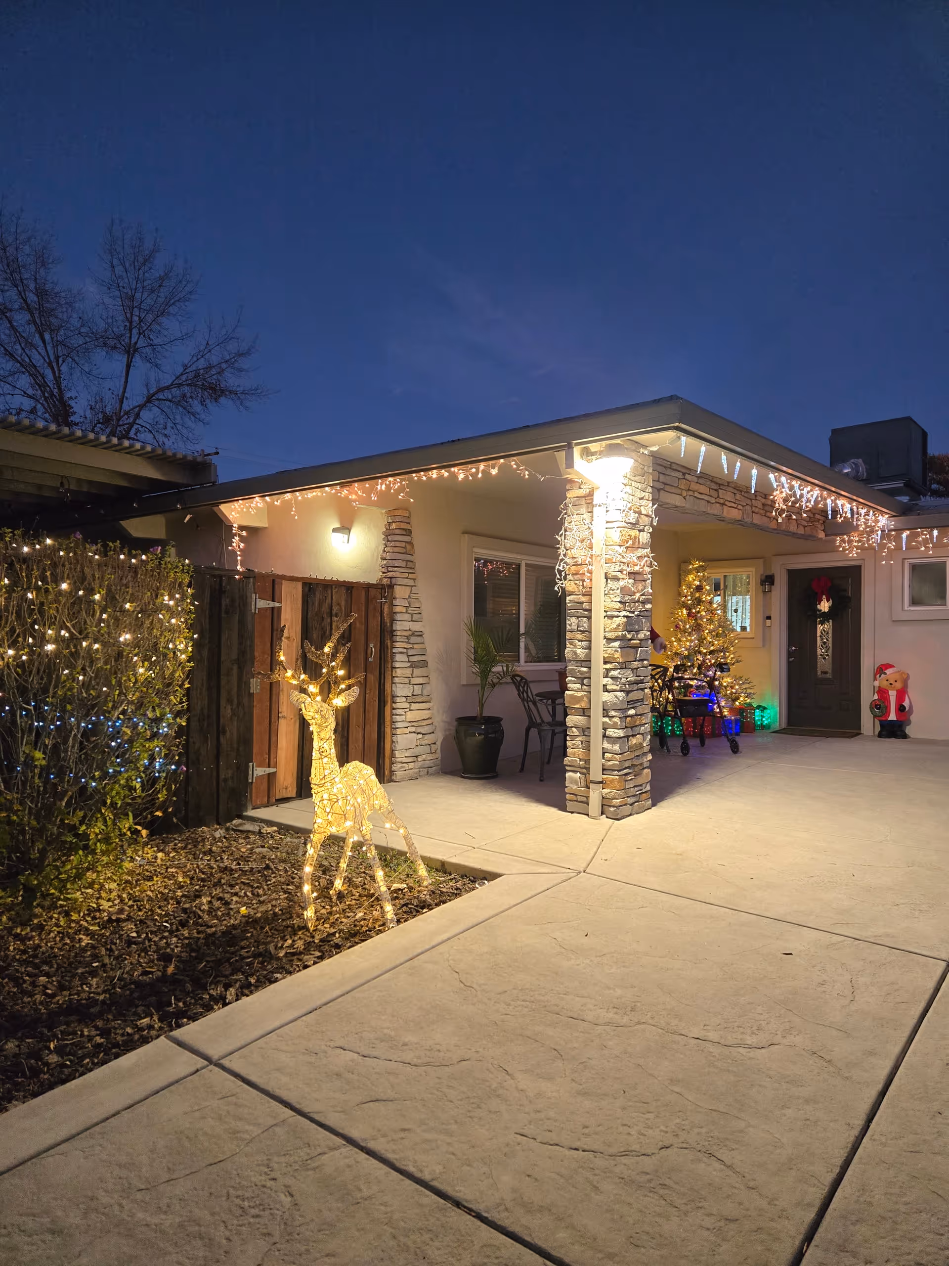 Outdoor view of a single-story building entrance at dusk decorated with Christmas lights. A lighted reindeer decoration is on the left near a bush with string lights. The porch has stone pillars wrapped with string lights, a Christmas tree with lights and ornaments, and a Santa Claus figure near the door. The walkway and driveway are visible in the foreground.