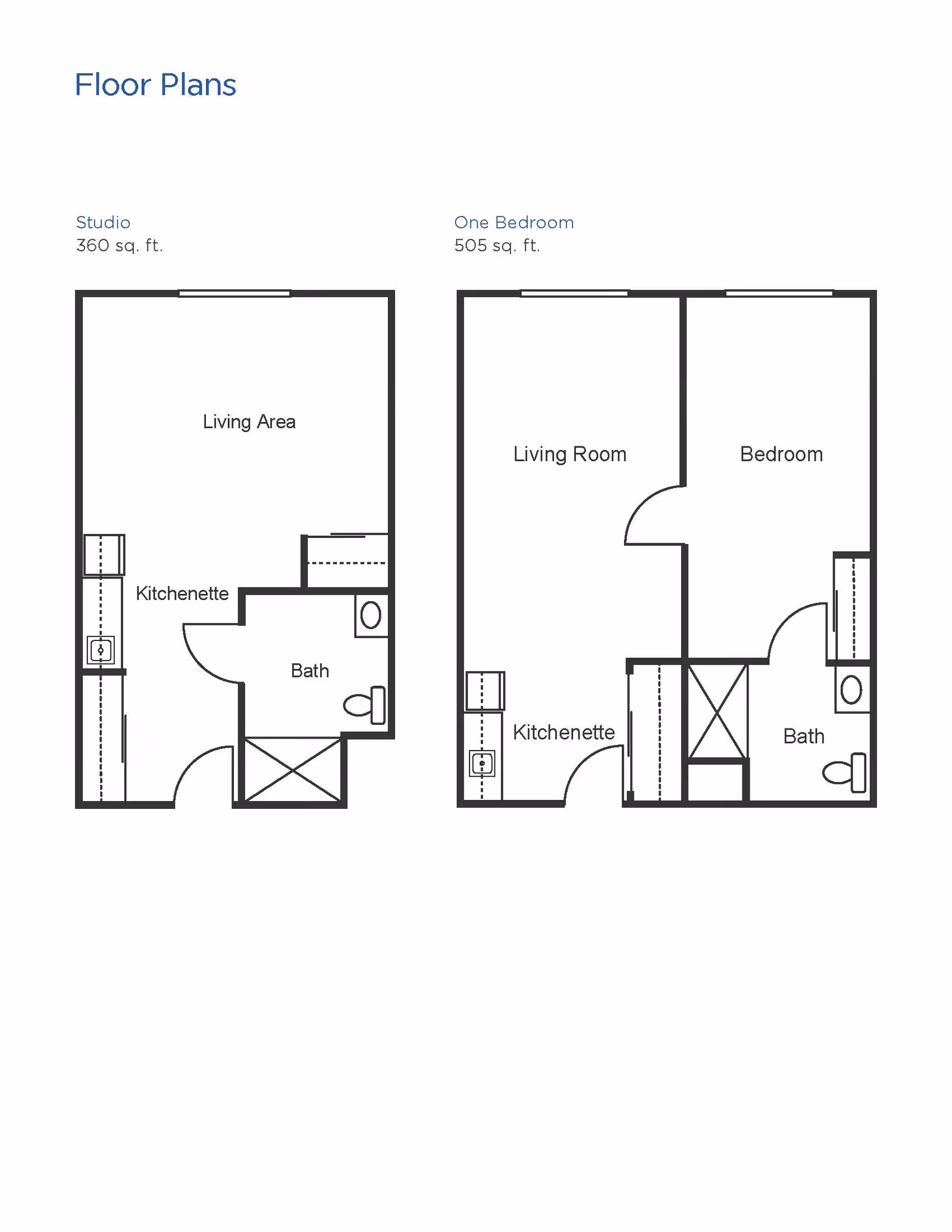 Floor plans for Brookdale Arbor Place showing two layouts: a 360 sq. ft. studio with a living area, kitchenette, and bath; and a 505 sq. ft. one-bedroom with a living room, bedroom, kitchenette, and bath.