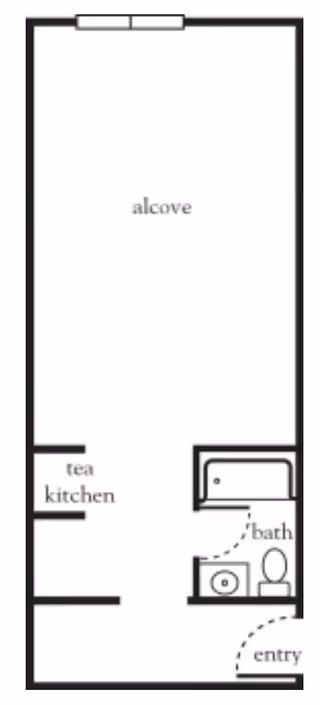 Floor plan layout showing an entry leading to a bath area with a toilet and sink, a tea kitchen adjacent to an alcove space.