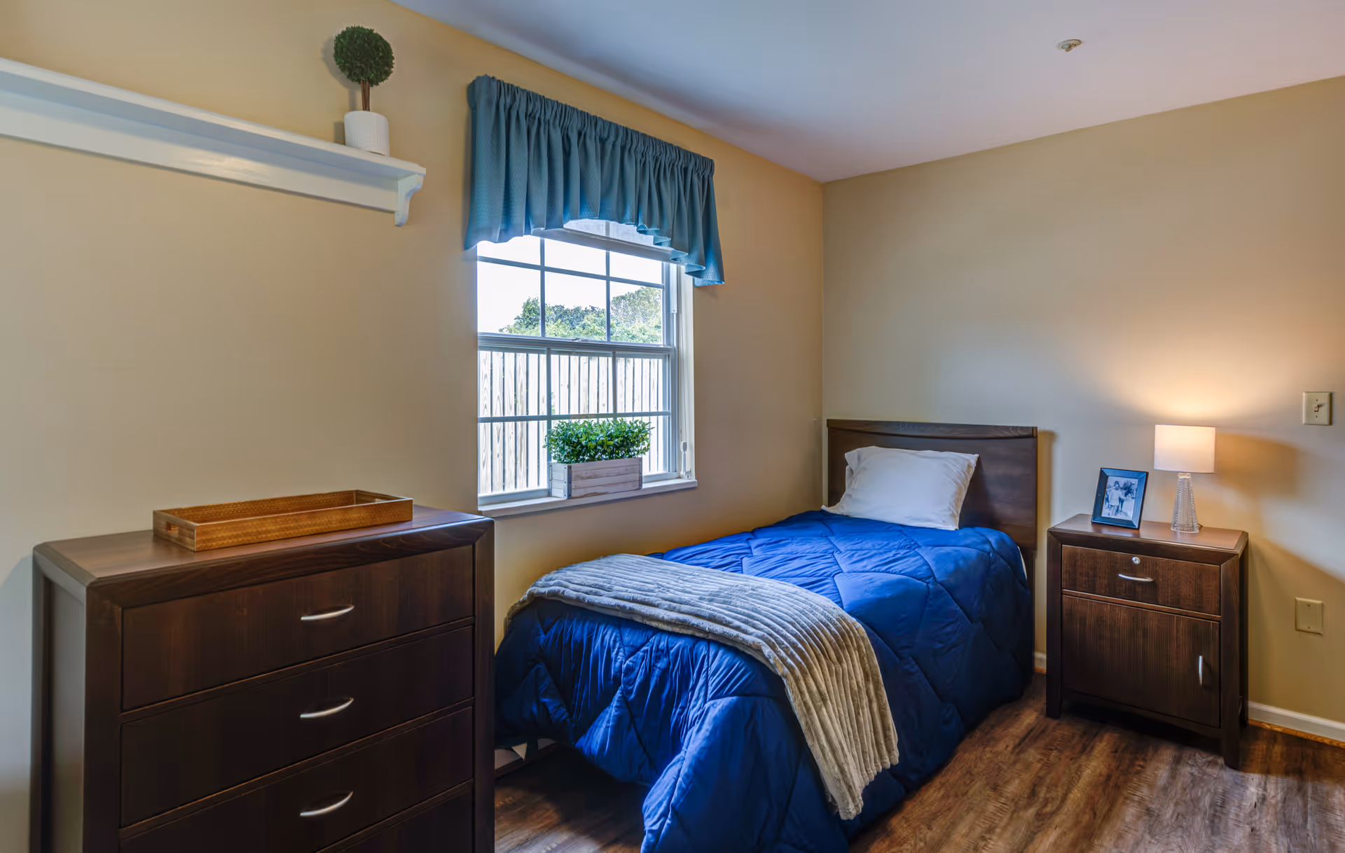 Small furnished bedroom with a single bed in a blue comforter, a nightstand with lamp and photo, a dresser, and a window with a planter.