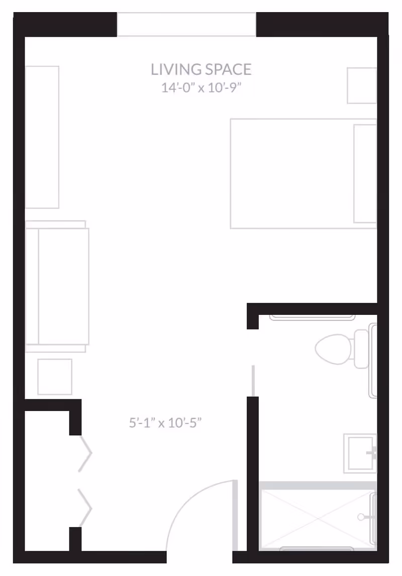Floor plan layout of a living space measuring 14 feet by 10 feet 9 inches, including a bathroom with a toilet, sink, and shower, and an entry area measuring 5 feet 1 inch by 10 feet 5 inches.