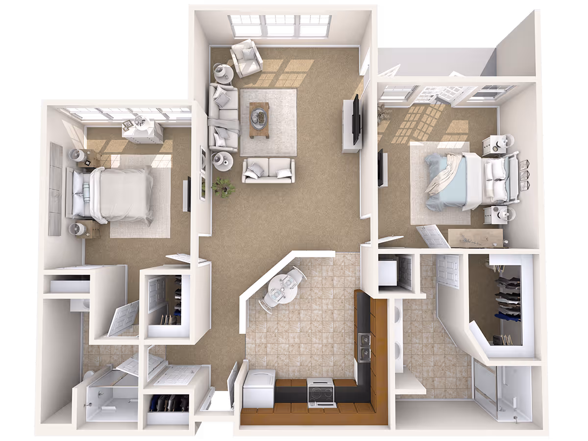 3D floor plan of an apartment featuring two bedrooms, a living room with sofas and a TV, a kitchen with appliances and a small dining table, two bathrooms, and closets. The rooms have windows allowing natural light to enter.